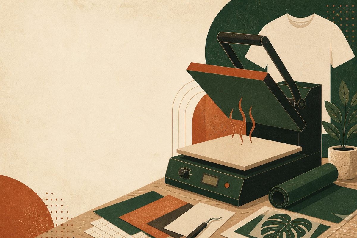 Original HeatPressPicks illustration of a heat-press workshop — not a photo of a branded machine